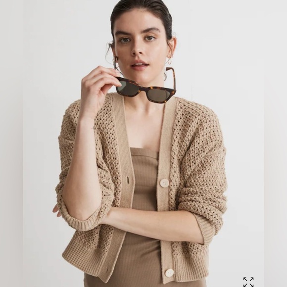 Madewell Open-Stitch Crop Cardigan Sweater Size Small Tan Cotton - Picture 9 of 10